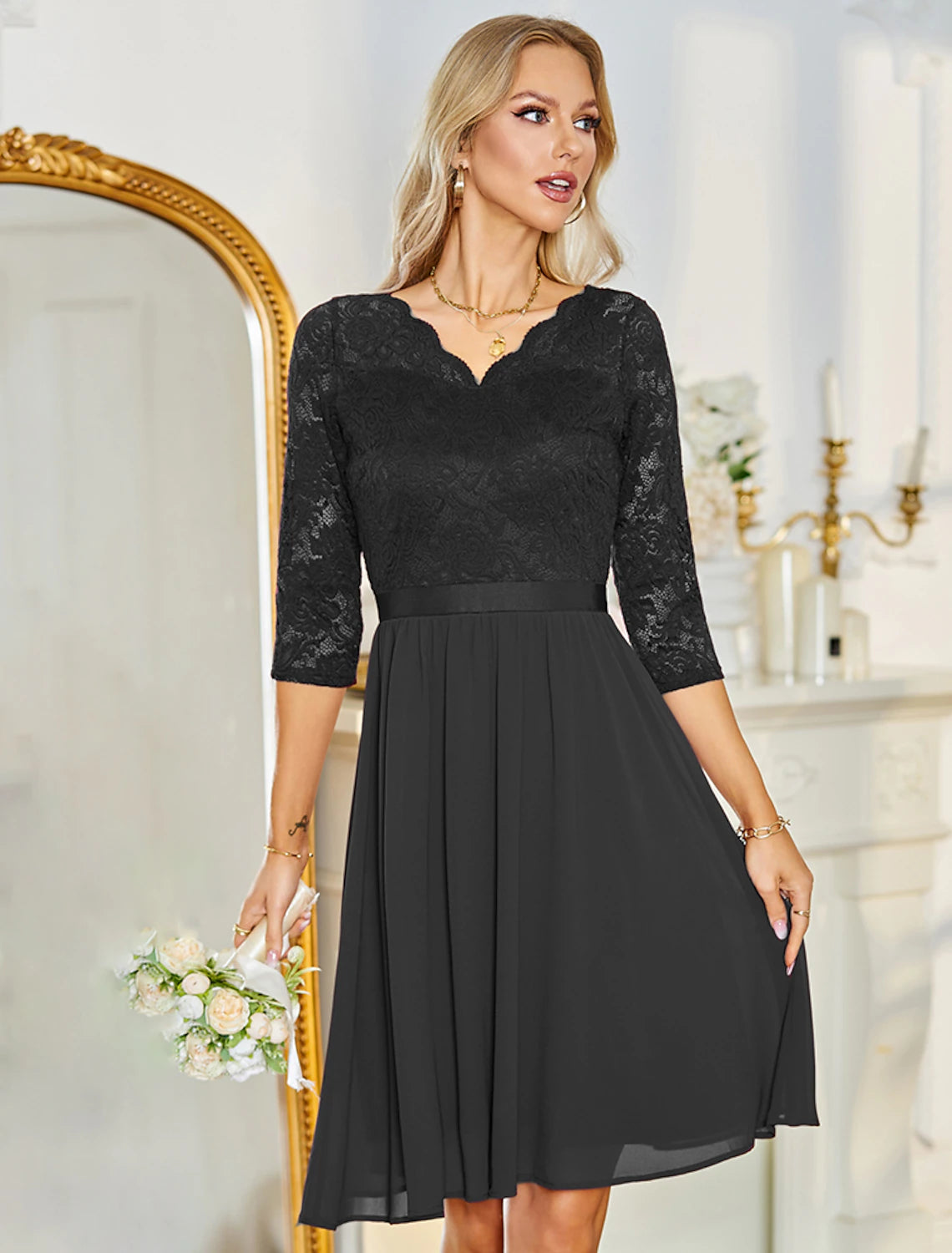 Wholesale A-Line Cocktail Dresses Vintage Dress Party Wear Cocktail Party Knee Length Half Sleeve V Neck Chiffon with Pleats